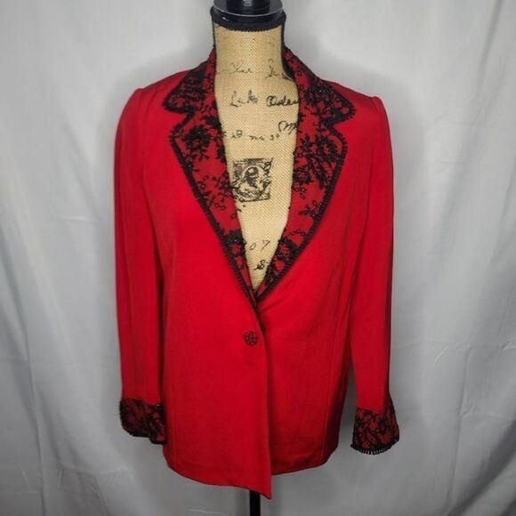 Vintage  Mira Couture Red Black Lace Soft Goth Designer Blazer - Picture 2 of 16